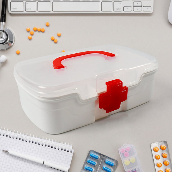 3 Compartment Medical Box, 1 Piece, Indoor Outdoor Medical Utility, Medicine Storage Box, Detachable Tray Medical Box Multi Purpose Regular Medicine, First Aid Box with Handle, Transparent Lid & Color Boxï¿