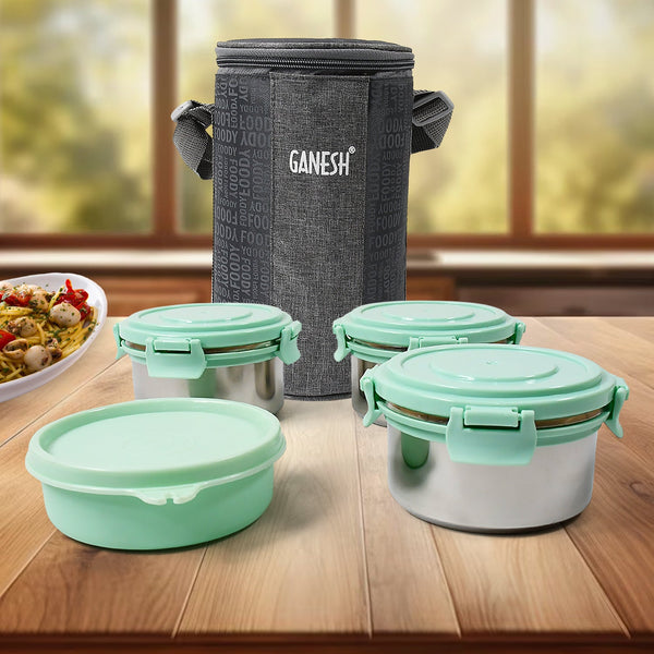 Ganesh 4In1��Tiffin Box-Lunch Box | 3 Stainless Steel Containers 300 Ml Approx & Plastic Salad Container 200 Ml Approx| Plastic lid Box | Round Zip Bag | Leak Proof | Microwave Safe��for Office, College and School for Men,