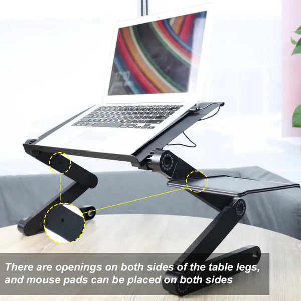 Portable laptop desk with adjustable height, foldable, includes 2 cooling fans for better airflow.