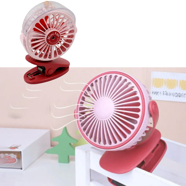 Portable Clip-on Fan, Battery Operated, With Light & Spray, Small Yet Powerful USB Table Fan, 3-Speed Quiet Rechargeable Mini Desk Fan, 360�� Rotation, Personal Cooling Fan for Home, Office, Cam