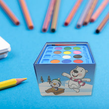 Color pencils, crayons, watercolors, and sketch pens in a 58-piece art set.