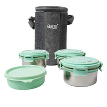 Ganesh 4In1��Tiffin Box-Lunch Box | 3 Stainless Steel Containers 300 Ml Approx & Plastic Salad Container 200 Ml Approx| Plastic lid Box | Round Zip Bag | Leak Proof | Microwave Safe��for Office, College and School for Men,