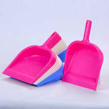 Plastic dustpan with handle, designed for effective cleaning.