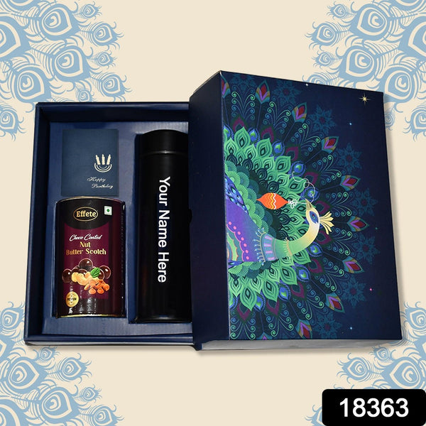 Personalized Temperature Water Bottle, Wishing card & Chocolate (With Attractive Peacock Box / 3 Pc Set)