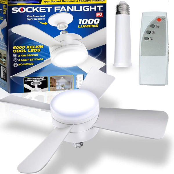 Socket Fan Light Original - Cool Light LED ��� Ceiling Fans with Lights and Remote Control, Replacement for Lightbulb - Bedroom, Kitchen, Living Room,1000 Lumens / 5000 Kelvins Cool LEDs (Remote Battery Not Inc