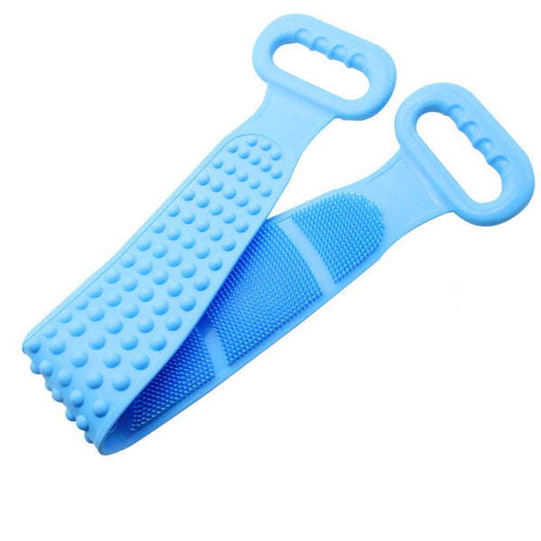 Bath brush with silicone bristles for back scrubbing and dead skin removal.