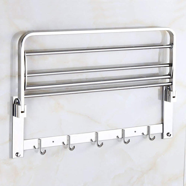 Stainless steel folding towel rack for bathroom storage and organization.