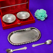 Silver tray set with bowls and spoons in box.