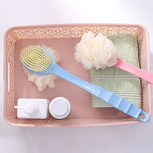 Bath brush with extended handle, 2-in-1 design for convenience.