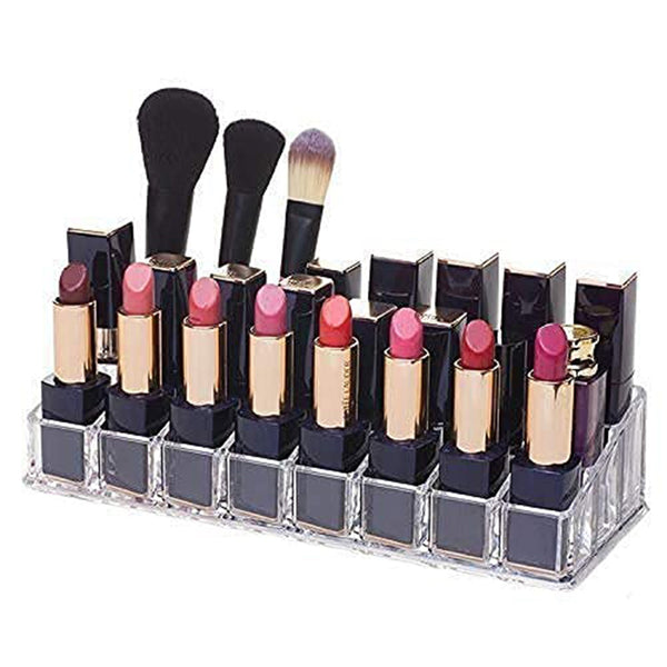 Acrylic lipstick and cosmetics stand with 24 sections, showcasing its clear and organized design