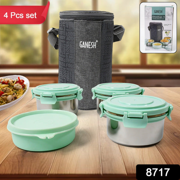 Ganesh 4In1��Tiffin Box-Lunch Box | 3 Stainless Steel Containers 300 Ml Approx & Plastic Salad Container 200 Ml Approx| Plastic lid Box | Round Zip Bag | Leak Proof | Microwave Safe��for Office, College and School for Men,